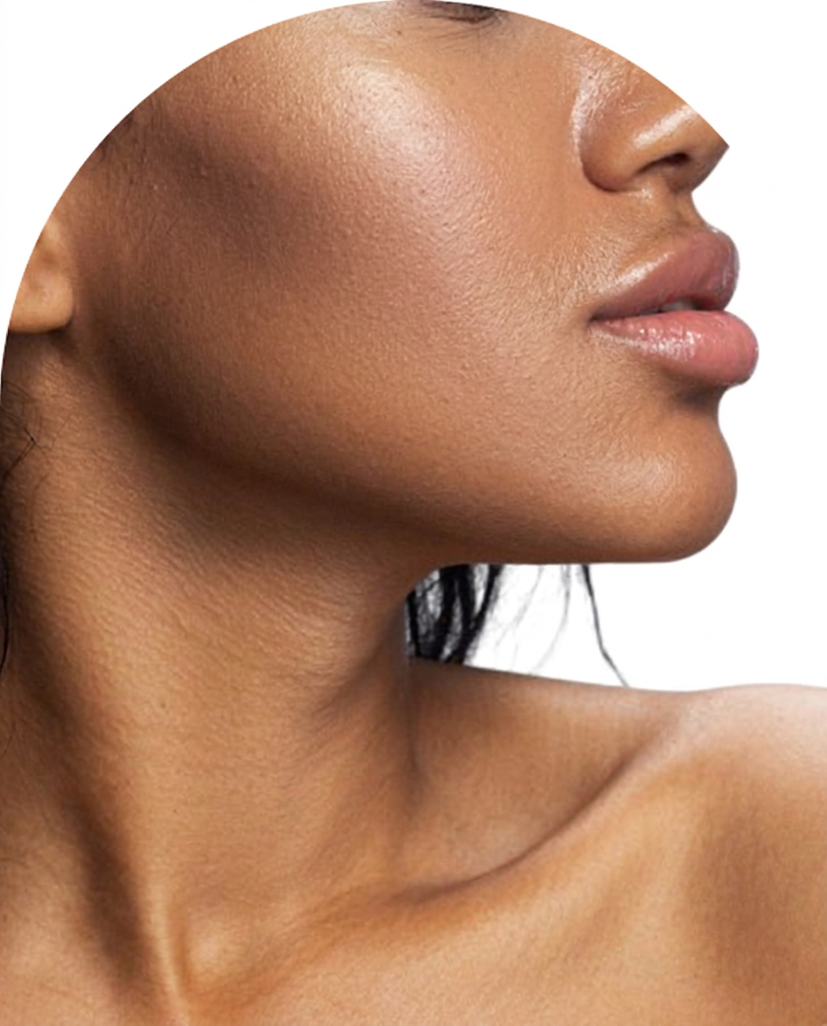 Defined jawline and neck profile on a white studio background