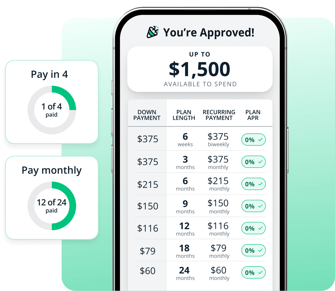 Cherry approval screen showing available spend and 0% APR payment plan options