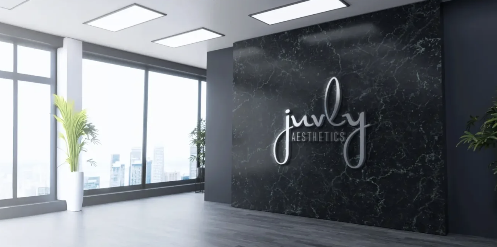 Juvly Aesthetics signature marble lobby wall