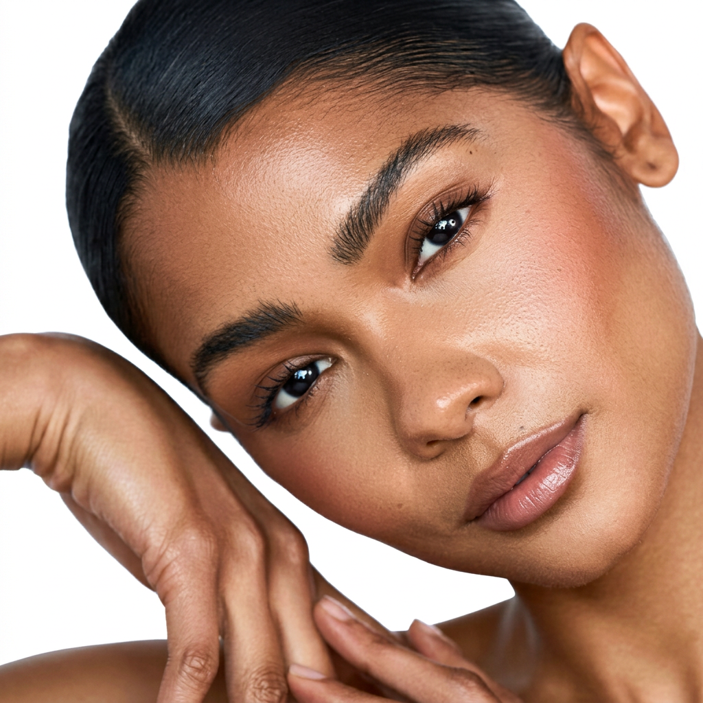 Portrait of a woman with smooth, refreshed skin on a white studio background